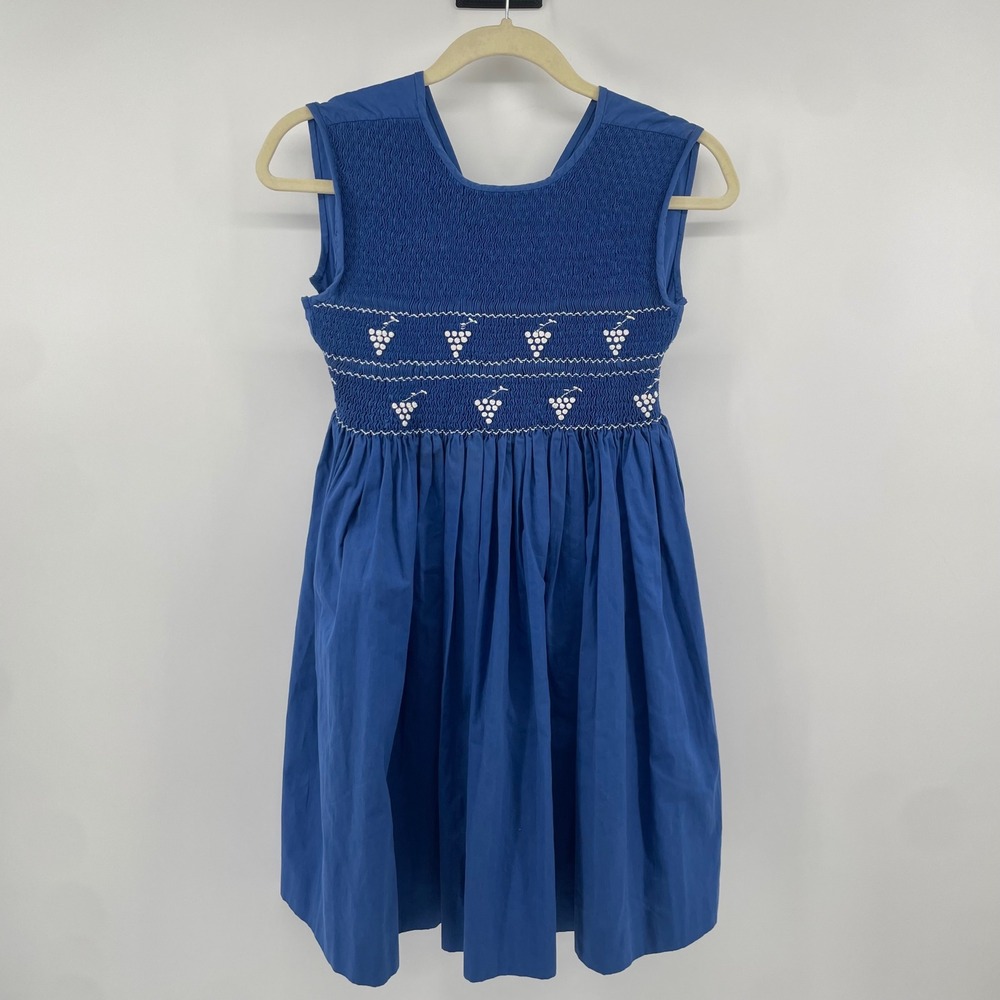 Brod'Art Smocked Dress Girls 10 Blue Hand Embroidered Grape Fruit Cotton Vintage